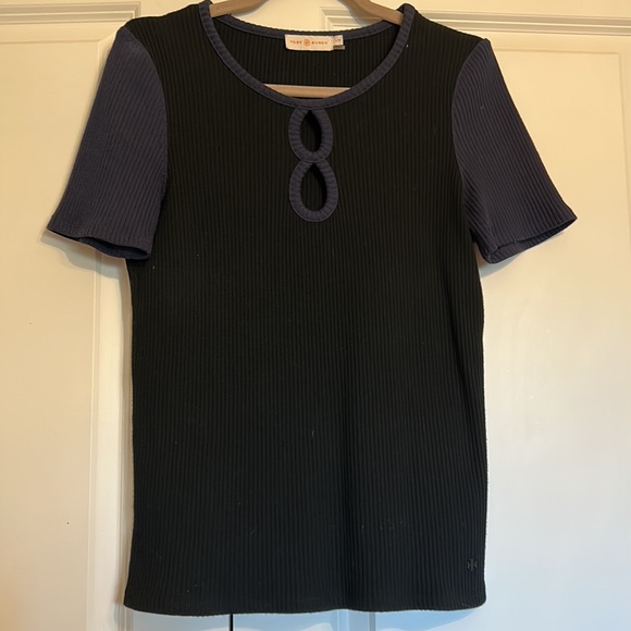 Tory, Burch, short sleeve, black and blue sweater with cut outs size large - Picture 7 of 10
